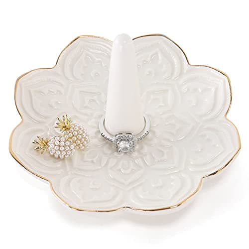 RUIMIC Ceramic White Mandala Jewelry Holder Decorative Ring Holder/Trinket Tray Engagement Wedding Birthday Gifts for Women Her