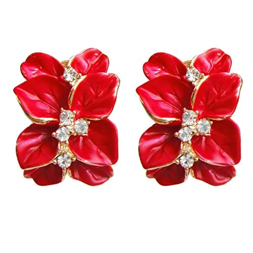 Navachi 18k Gold Plated Crystal Deep Red Enamel Leaves Flower Omega Earrings