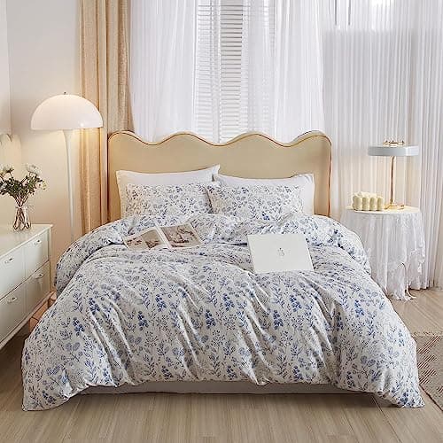 LifeTB Cotton Floral Duvet Cover Twin XL White Blue Floral Print Bedding Sets Vintage Boho Floral Comforter Cover Cottagecore Bedding Set Aesthetic Botanical Flower Duvet Cover with Zipper Closure