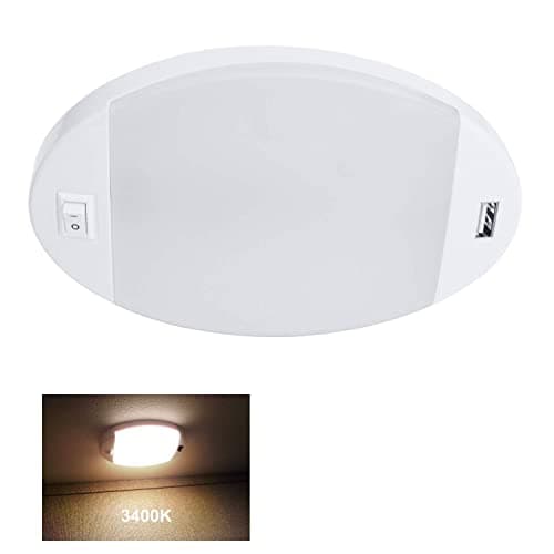 Facon 12V RV Interior Lights with Fast USB Charger (5V/2.4A) – Oval Pancake LED Ceiling Light Fixture with Switch, 12Volt Lighting for RV, Camper, Boat, Tiny Homes