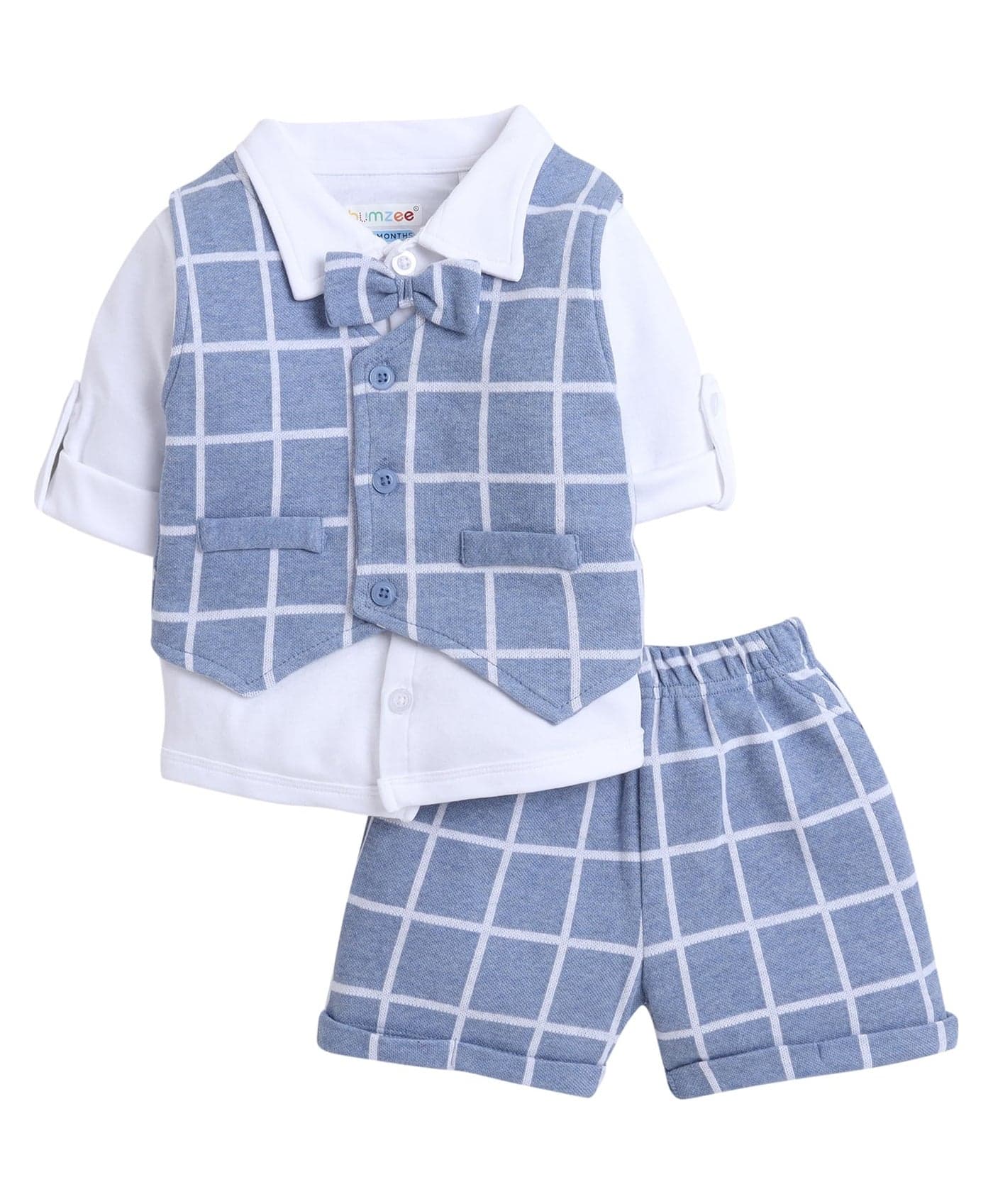 BUMZEE Sky Blue & White Boys Half Sleeves Shirt Waistcoat & Short Set with Applique Bow Age - 0-6 Months (Peb8055B-sbl.wht)