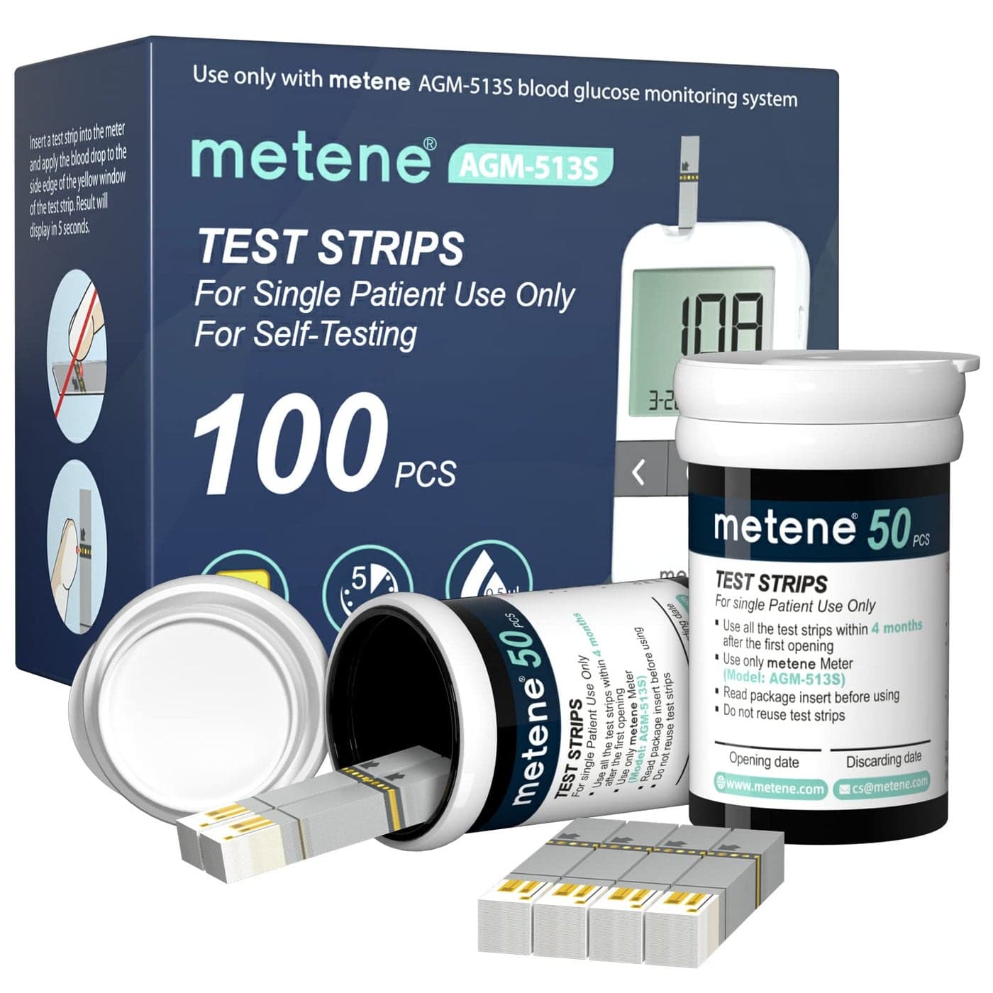 Metene AGM513S Test Strips for Diabetes 100 Count Blood Glucose Test Strips Use with Metene AGM513S Blood Glucose Monitoring System Only No Monitor