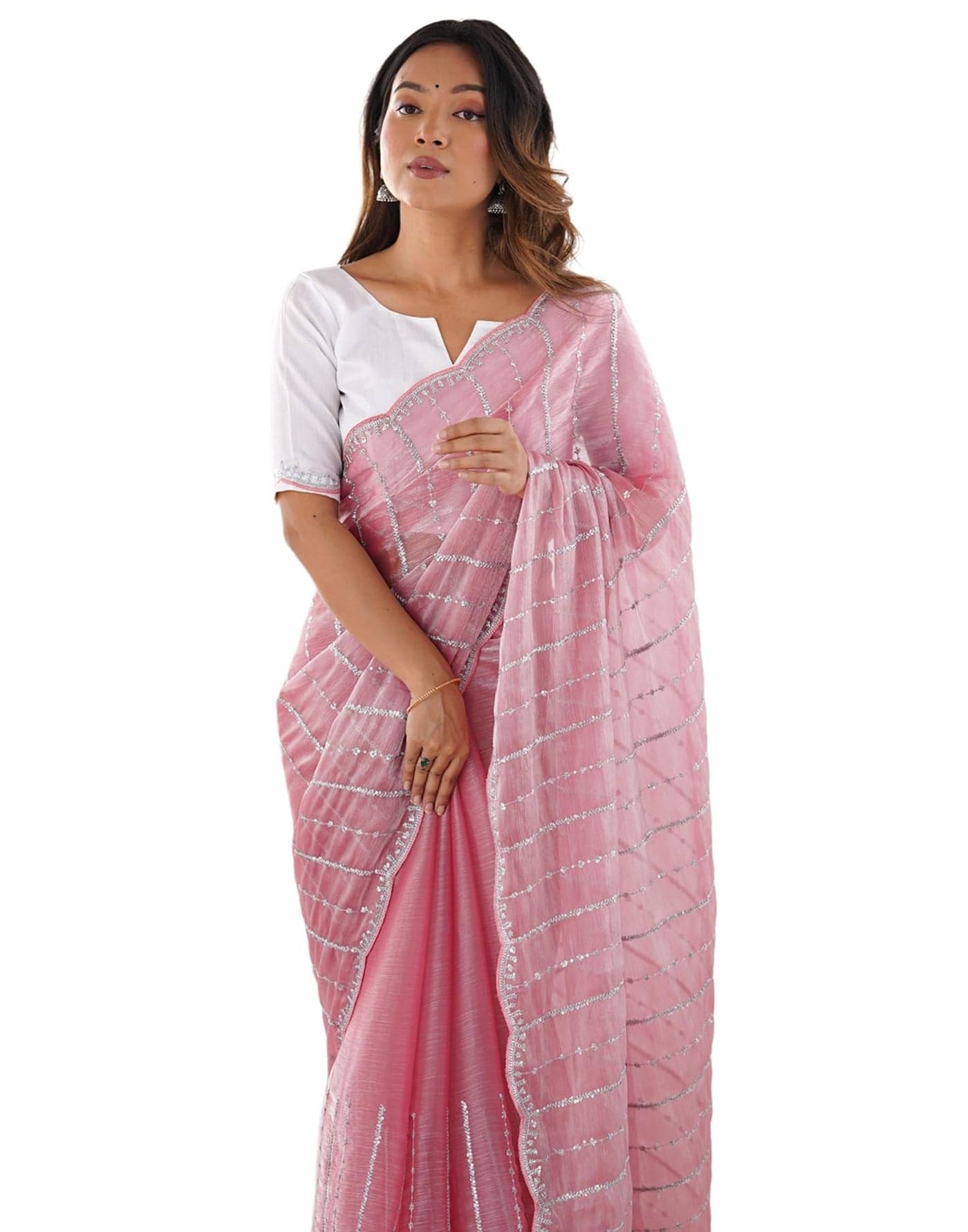SIRIL Women's Shimmer Chiffon Sequence Embroidery Scalloped Border Saree With Unstitched Blouse Piece (4317S165_Pink)