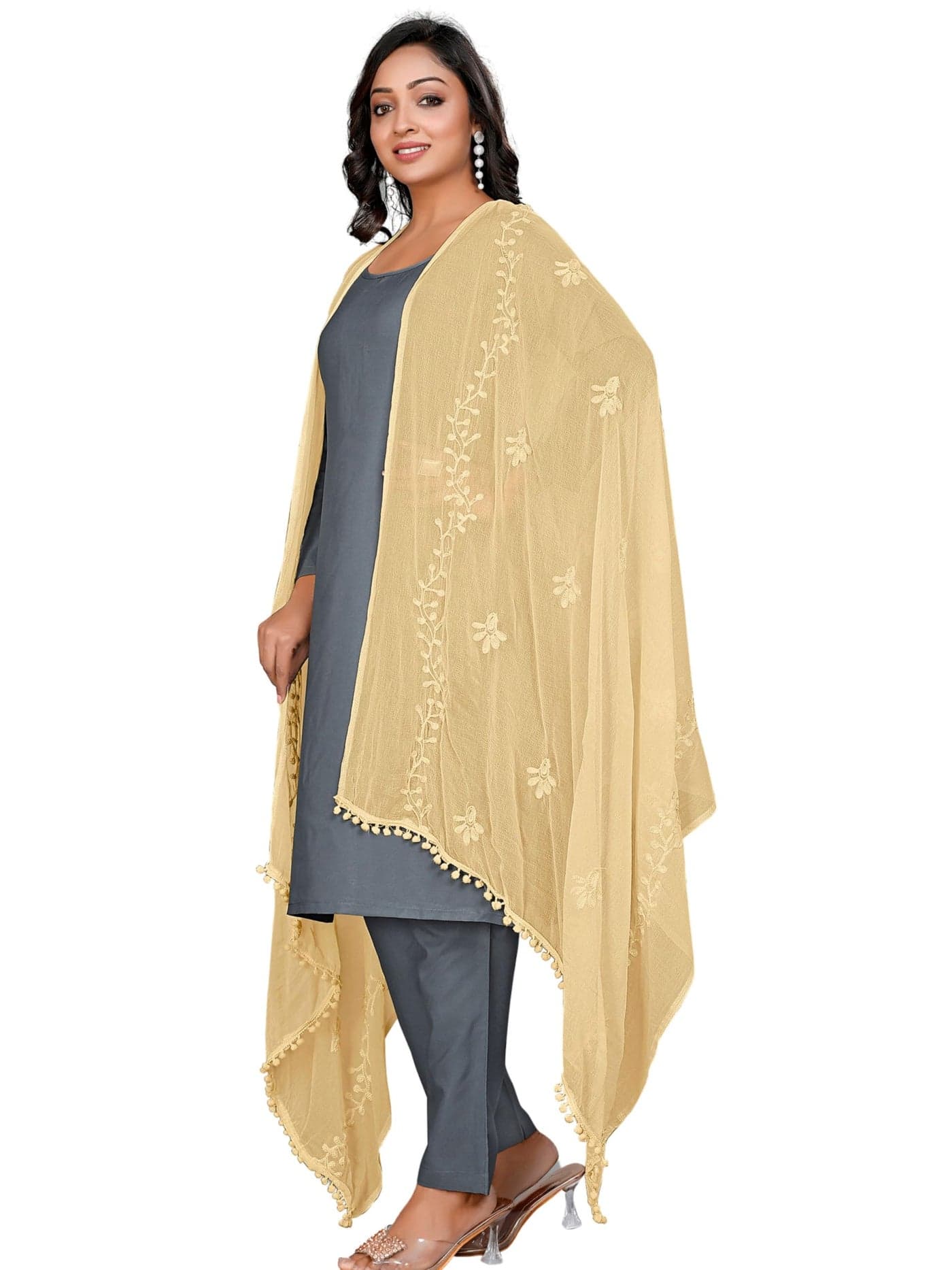 KEMZA Women's Chiffon Phulkari Floral Dupatta with Lace Border – Soft & Lightweight (Chiku)