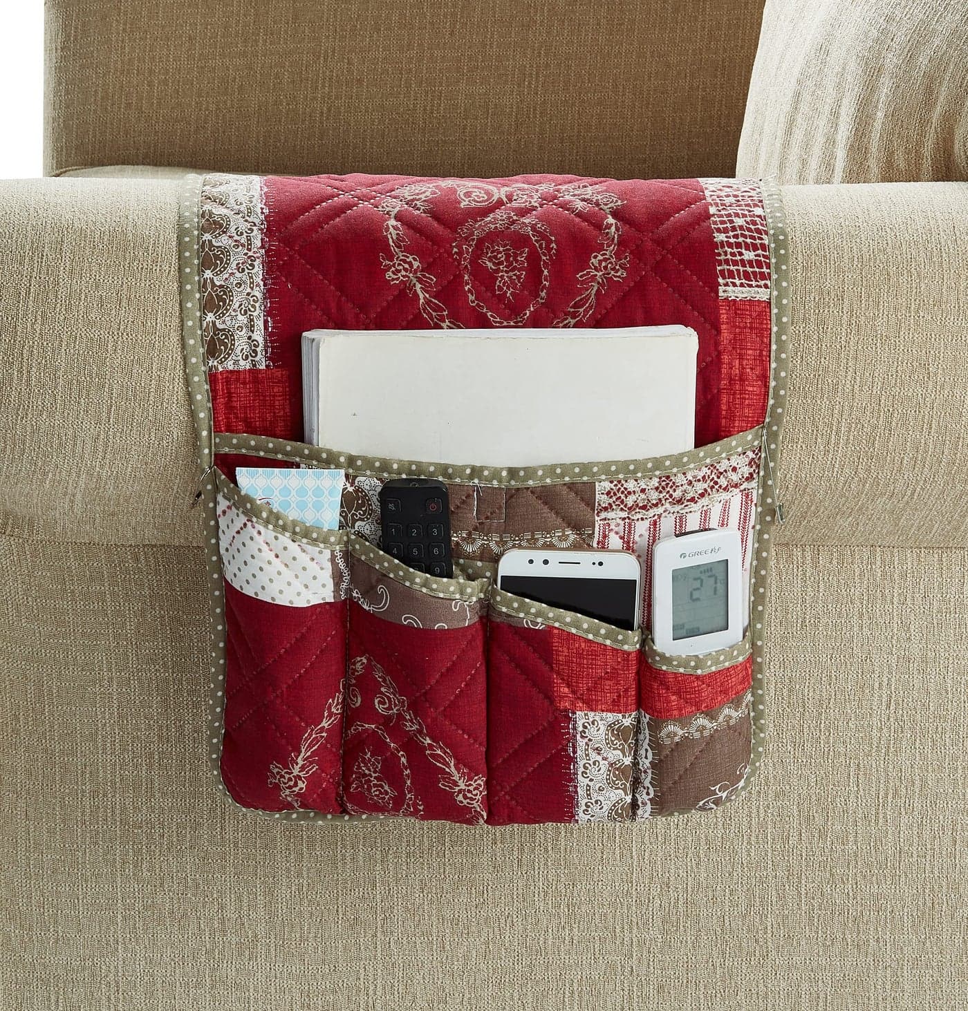 Brilliant Sunshine Toile Floral Patchwork Couch Armrest 5 Pockets Organizer Slip Resistant Armchair Caddy Washable Remote Controls Holder Storage for Magazine Tablet iPad 3513 Burgundy