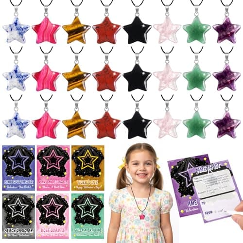 Kigeli Valentines Day Gifts for Kids 24 Pack Heart Gemstone Necklace Kit Natural Crystal Pendants DIY Jewelry Set for School Classroom Exchange Goodie Bags Valentine Party FavorsDynamic