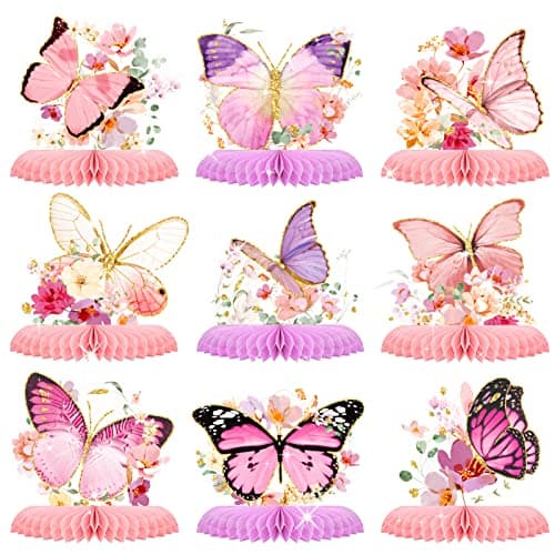 AOBKIAT Butterfly Girls Birthday Party Decorations9Pieces Glitter Honeycomb Centerpieces for Tables for Baby ShowerWeddingButterfly Themed Table ToppersSpring Summer Garden Party