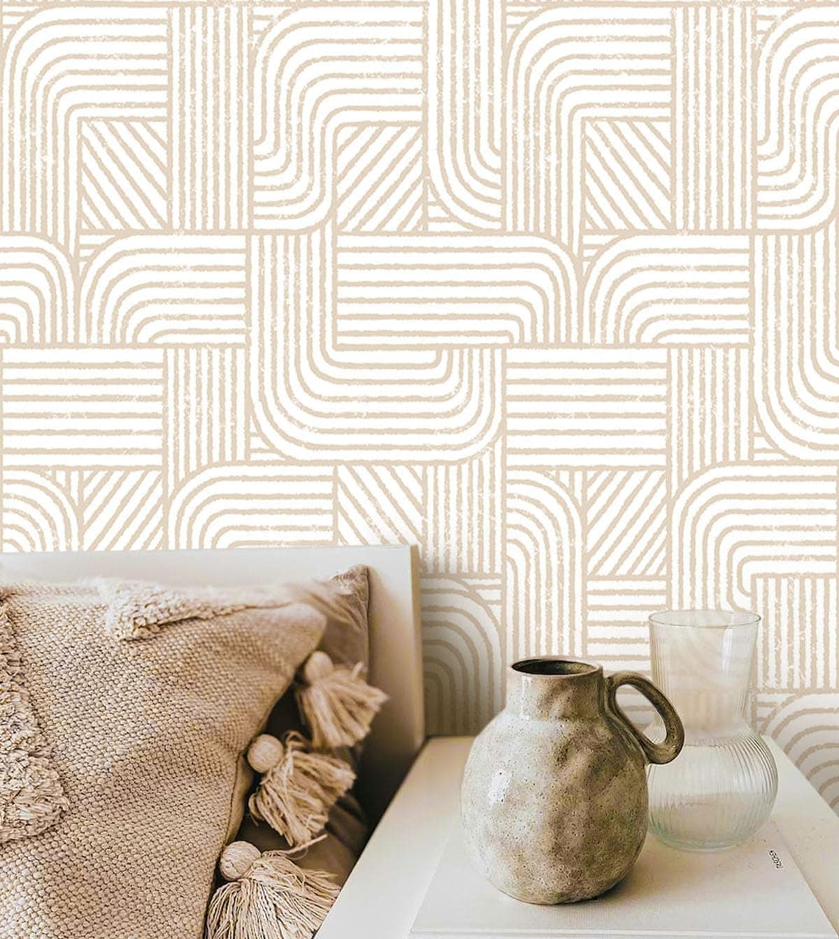 Lativo Modern Peel and Stick Wallpaper Boho Contact Paper for Cabinets Drawers Beige and White Striped Geometric Self Adhesive Wallpaper for Bedroom Bathroom Wall Decor Neutral Vinyl 173inW 197inL