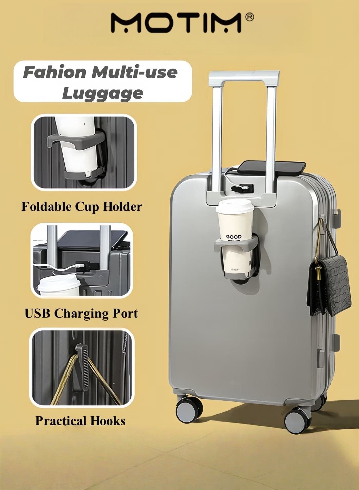 Multi-functional Travel Luggage Fashion Carry On Suitcase Travel Bag Trolley With Cup Holder & USB Charging Port & Hooks & Hard Shell & Silent Spinner Wheels & TSA Lock for Business Travel