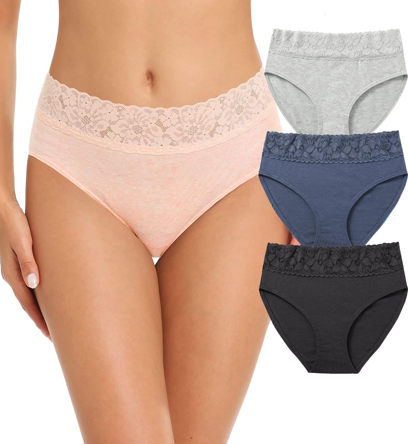 NICSY Womens Underwear Cotton Bikini Panties Lace Soft Hipster Panty Ladies Stretch Full Girls Briefs (Multicolor) (XL, Pack 3 Grey/Blue/Black)