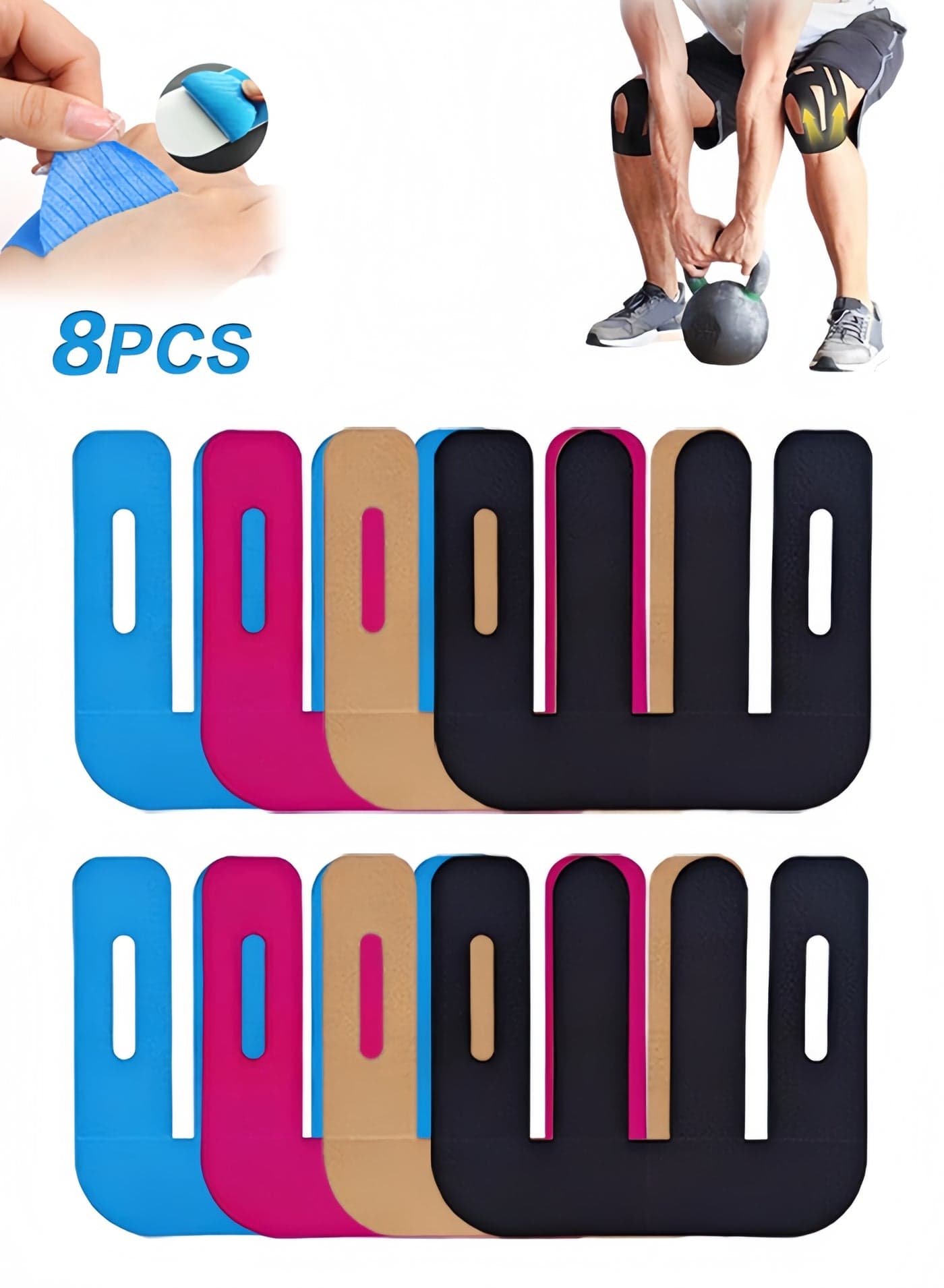 8PCS PreCut Kinesiology Tape for Knees, Upgraded Waterproof Knee Tape for Knee Pain Relief Pre Cut, Original Cotton Athletic Knee Tape, WaterproofHypoallergenic Latex-Free for Sports (Black, Gray, Pink, Blue)