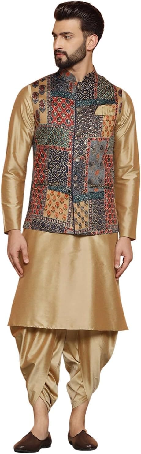 KISAH Men's Ethnic Wear Regular Fit Cotton Blend Printed Multi-Beige Kurta Dhoti Pants and Jacket Set (L)