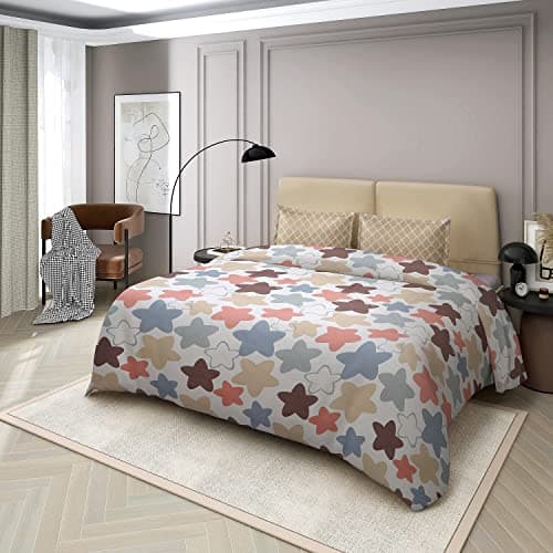 Nendle Stars Print 400TC Cotton Super King Size Bedsheets 108x108 Inches with Contrast Pillow Covers (Cream, Pack of 3)