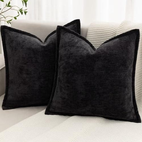 BAOLIZEGAO Black Decorative Throw Pillow Covers 18x18 Inch Set of 2 Cozy Soild Chenille Cushion Cases Soft Textured Square Couch Pillows Cover Boho Accent Farmhouse Pillowcases for Sofa Bed