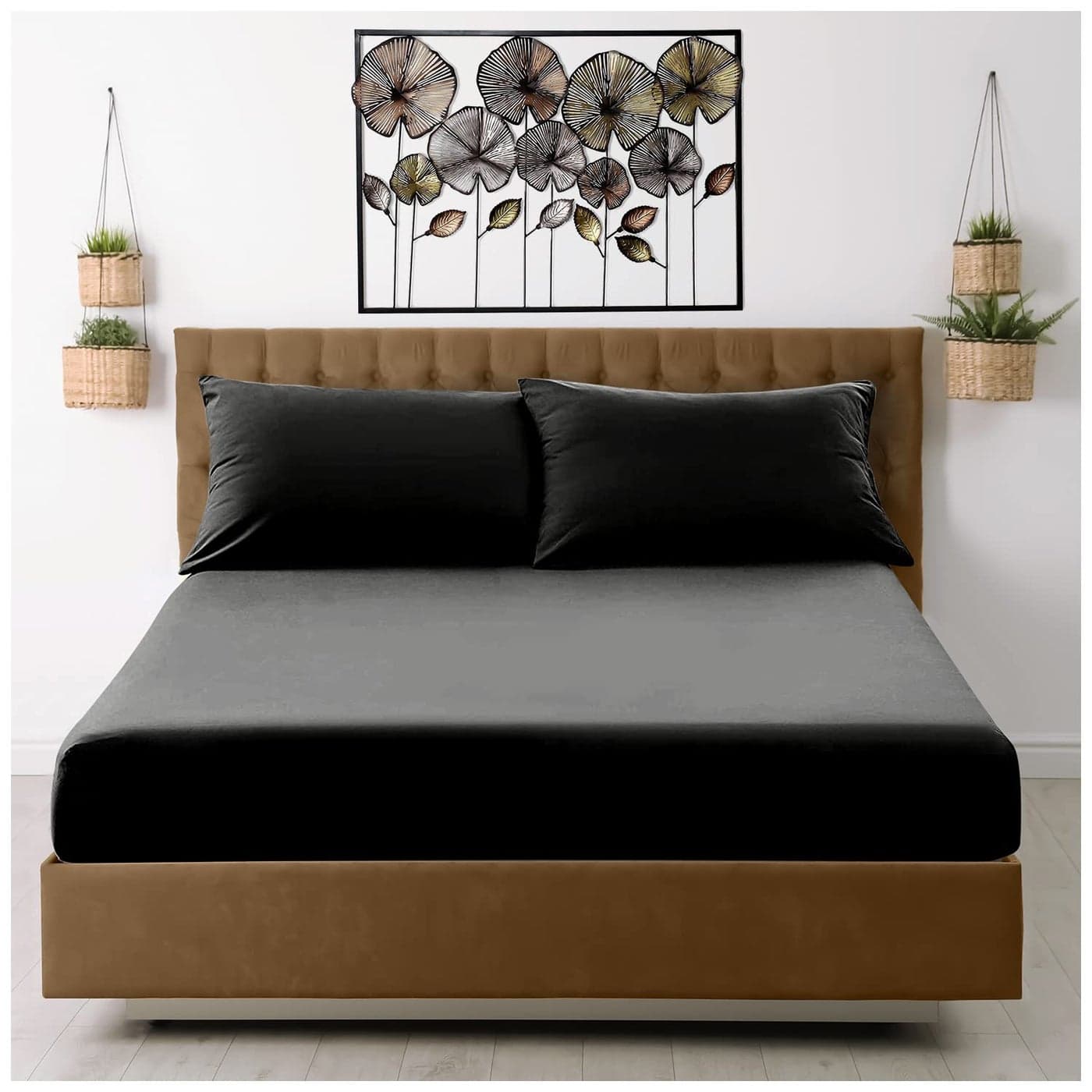 Fitted Sheet King Size 25cm Deep Pocket Microfiber Bed Sheets Black Breathable Fade Wrinkle Resistant Elasticated Corners Easycare Mattress Bottom Sheet 152x203cm