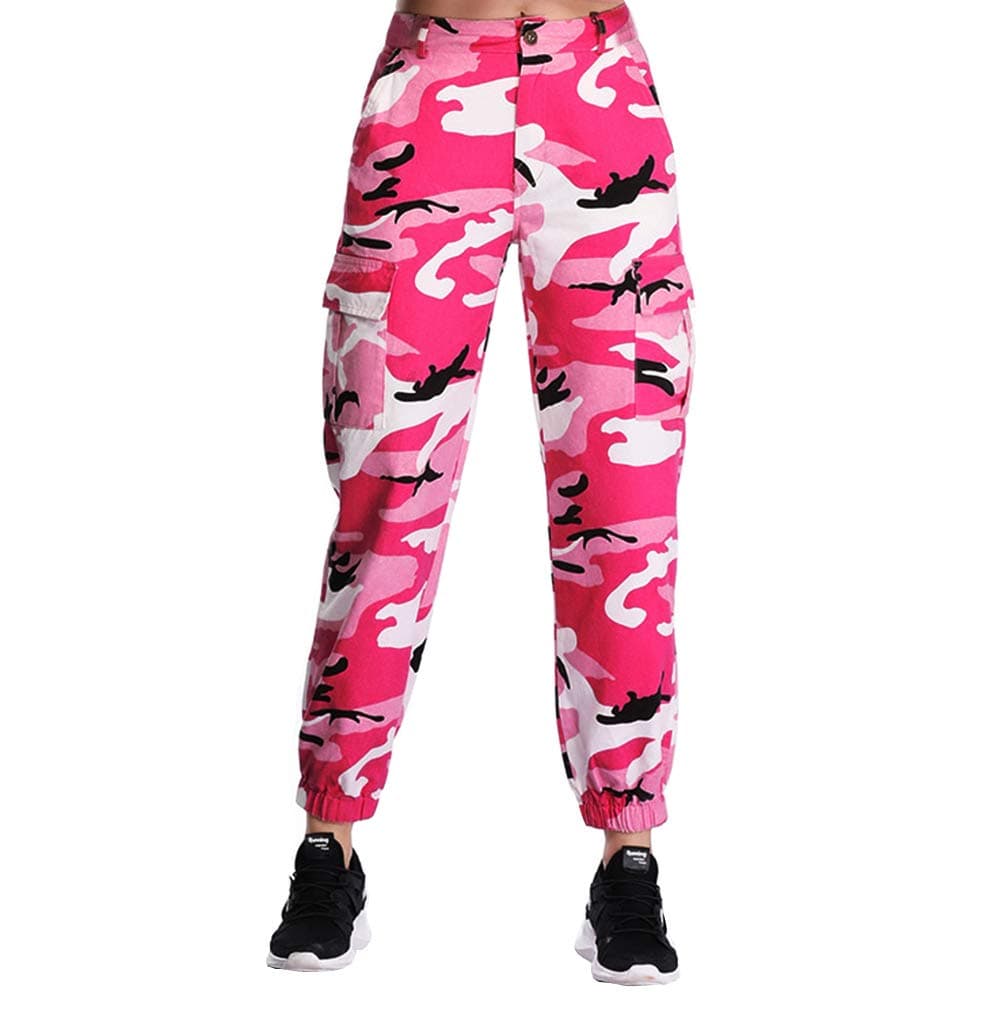 ZODLLS Women's Camo Pants Cargo Trousers Cool Camouflage Pants Elastic Waist Casual Multi Jogger Pants with Pocket Hot Pink-M