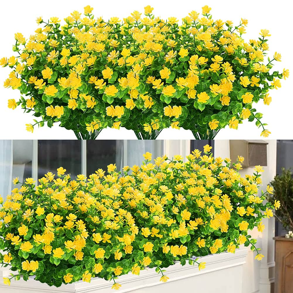 ArtBloom 24 Bundles Outdoor Artificial Flowers UV Resistant Fake Boxwood Plants Faux Greenery for Indoor Outside Hanging Plants Garden Porch Window Box Home Wedding Farmhouse Dcor Yellow