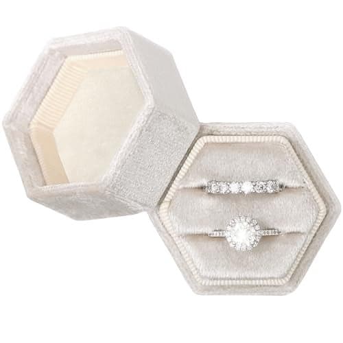 BLUTETE Hexagon Velvet 2 Slots Jewelry Ring Box Engagement Ring Box Wedding Day Detachable Lid for Proposal Engagement Wedding Ceremony (Beige)