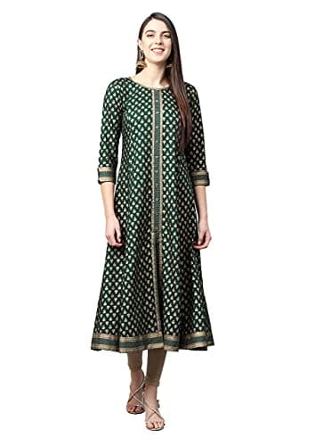 Yash Gallery Women's Rayon Gold Print A-Line Kurta (Green)