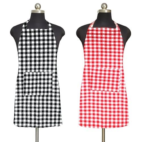 Linensutra Unisex Kitchen Checkered Cotton Apron with Gingham Pattern Front Pocket and Adjustable Waist Ties, Red and Black Pack of 2