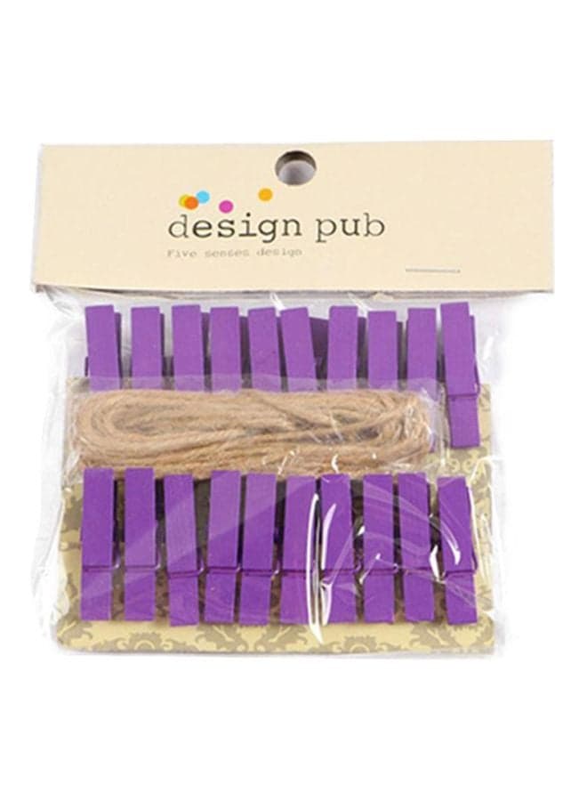 20-Piece Wooden Laundry Cloth Clip With Rope Purple 3.5x0.7cm