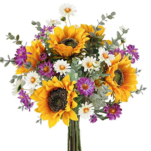 CEWOR Artificial Sunflowers Bouquet Fake Cemetery Flower Bouquet with Sunflowers for Bridal Bouquets Wedding Centerpieces Decor Party Table Gravesites Fall Floral Arrangements Home Decoration