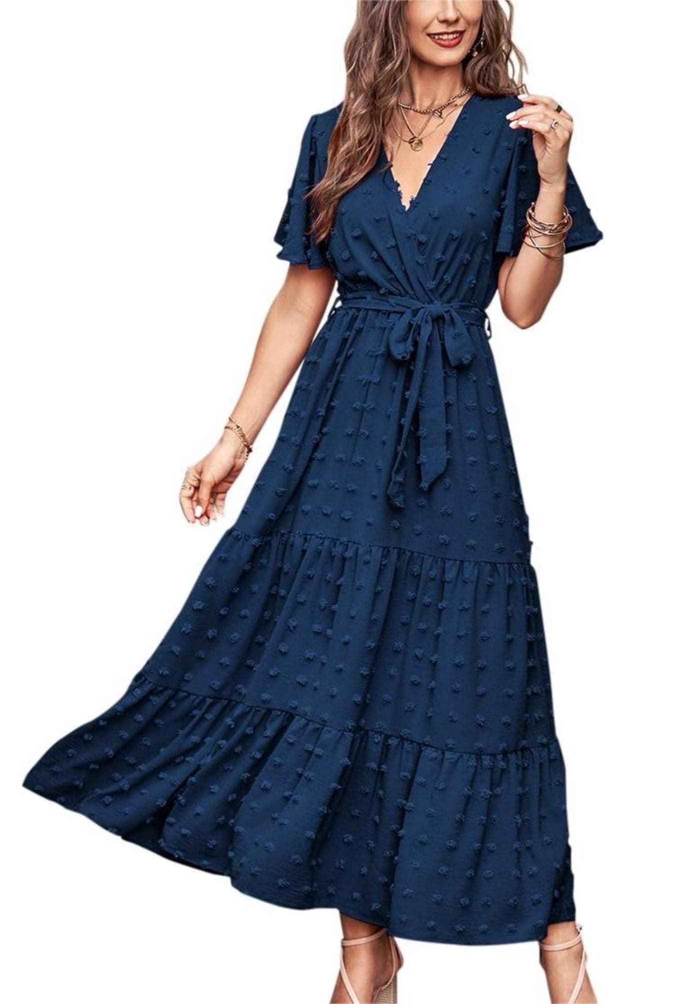 MASCOMODA Dresses for Women 2025 Short Flutter Sleeve Tiered Maxi Swiss Dot Solid V Neck Wedding Guest Dress with Belt(Navy,Small)