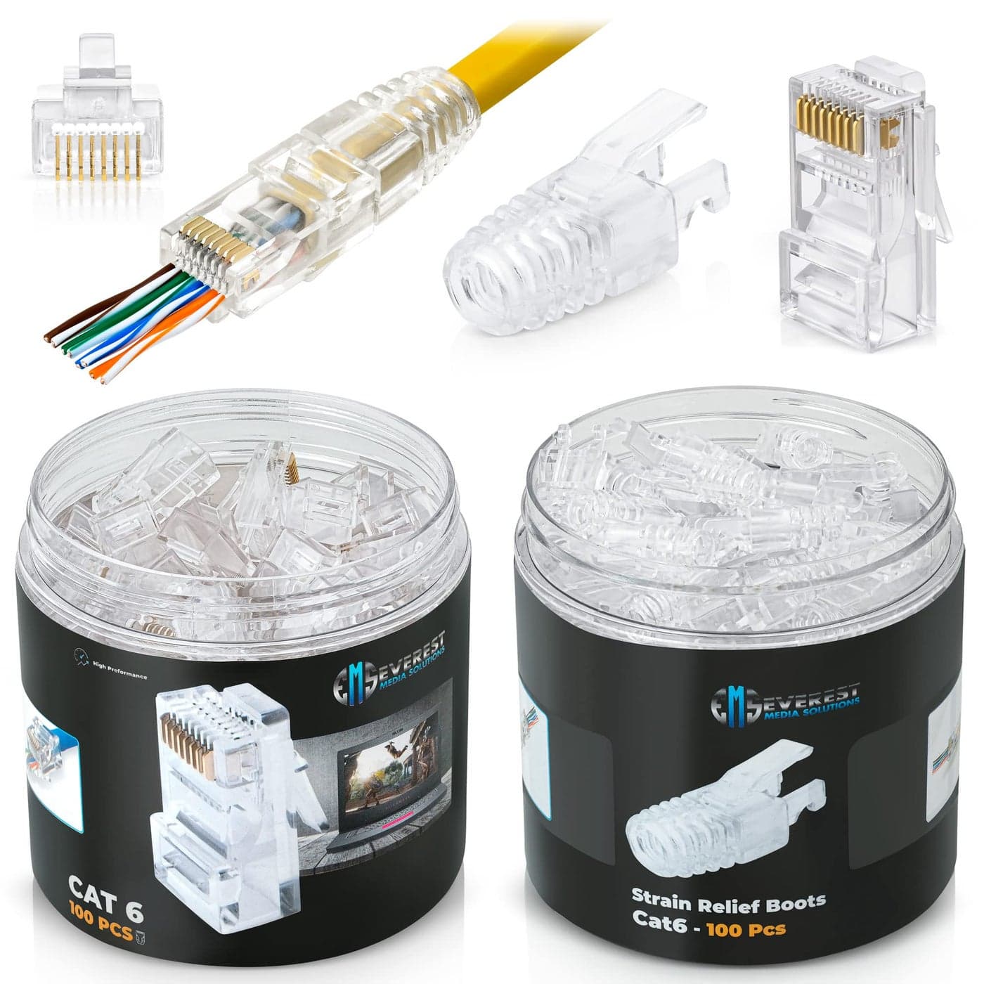 Everest Media Solutions RJ45 Cat6 Pass Through Connectors and Strain Relief Boots Pack of 100100 EZ to Crimp Modular Plug for Solid or Stranded UTP Network Cable Male Ethernet Connector End