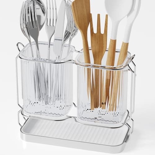 Kitchen Utensil Holder Wall Mount 67 Silverware Holder for Kitchen Countertop Utensil Drying Holder with Drain Tray for SilverwareSpatula Silver
