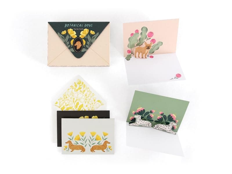UWP LUXE Pop-Up Stationery Botanical Dogs Blank Boxed Note Cards with Matching Envelopes- French Bulldog, Dalmatian, Dachshund Write Your Own Message (8-Count)