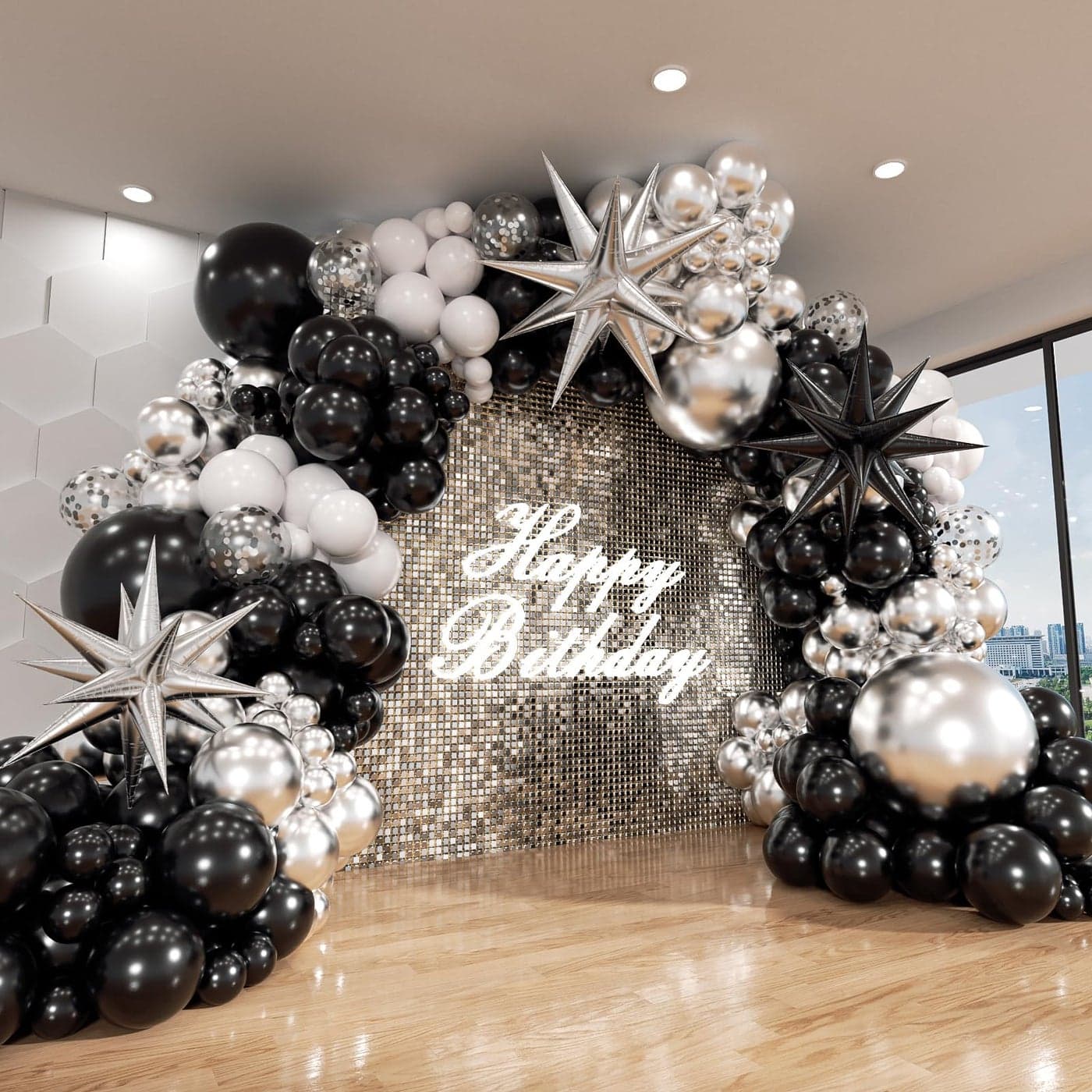 ADOINBY Black and Silver White Balloon Arch Kit 140Pcs Explosion Star Black and Silver White Balloon 22 18 12 10 5 Inch Different Size Balloons for Birthday Anniversary New Years Party Decorations