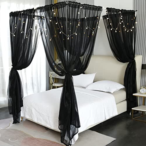 Akiky Canopy for Girls Room Bed Curtains Elegant Sheer Curtain for Twin Full Queen King Size Bed Drapes,8 Panels Canopies with Light,Room Décor(Full/Queen,Black)
