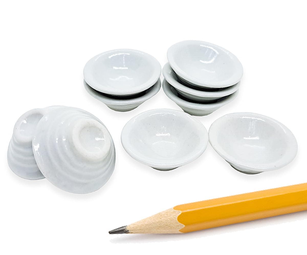 ChangThai Design Very Tiny ½ Inch High White Ceramic Coffee Tea Mug 10 Pieces Set - Miniature Tableware Cup Tray Bowl Crockery Cutlery Kitchenware Handmade Mini Porcelain Decorative Collectible Gifts