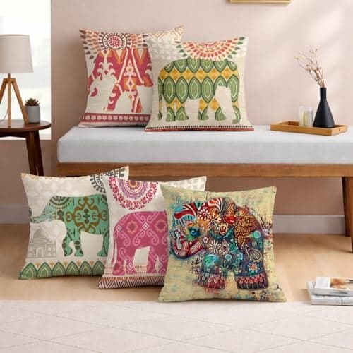 STITCHNEST Set of 5 Gajraj Folk Art Collection Printed Jute Cushion Covers 24x24 Inches | Decorative Throw Pillow Covers for Sofa, Living Room, Bedroom | Perfect for Home Decor
