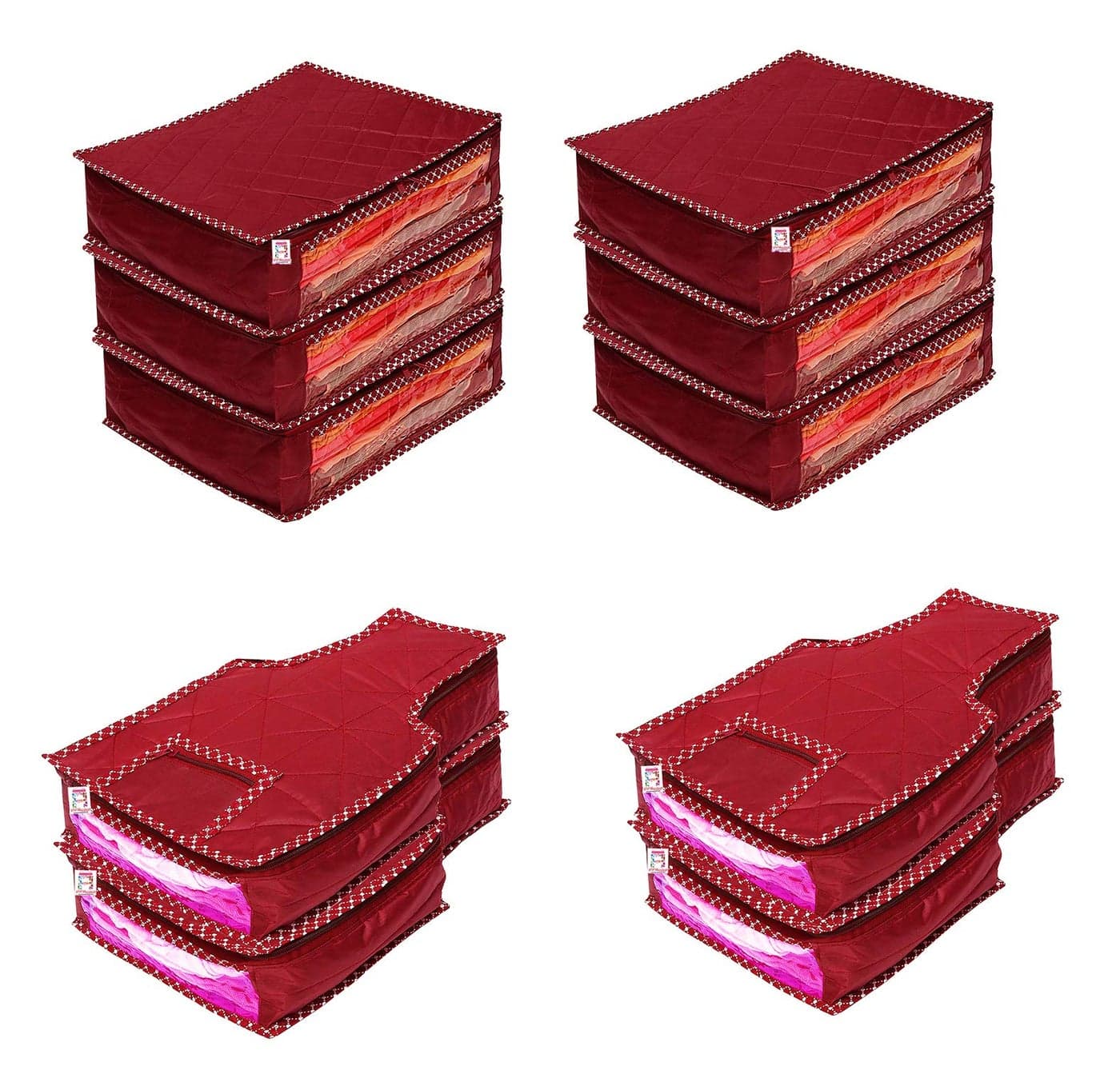 atorakushon® Fabric Saree Cover Blouse Garments Cover Bag Clothes Storage Wardrobe Organiser Set of 10 (Maroon)