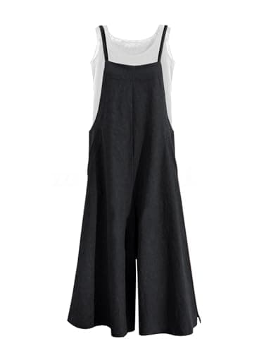 YESNO Women Casual Loose Long Bib Pants Wide Leg Jumpsuits Baggy Cotton Rompers Overalls with Pockets 2XL PZZTYP2 Black