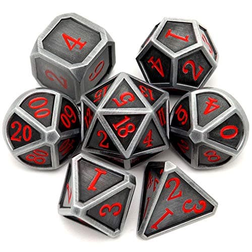 Haxtec Ancient Silver Metal DND Dice Set DD 7PCS Large Rounded Antiue Iron RPG Dice Red Numbers for Dungeons and Dragons TTRPG Game GiftsStandard size