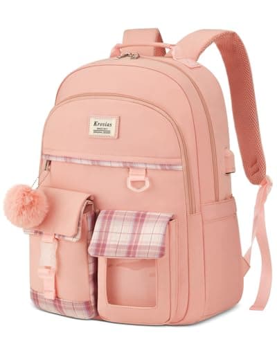 KROSIAS School Backpack for Teen Girls Cute Kawaii Plaid Bookbag College Backpacks for Women 156 Inch Laptop Bag for Kindergarten Elementary Preschool Middle High School Students Pink