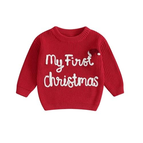Newborn Baby Girl Boy Christmas Knit Sweater My First Christmas Hat Embroidery Winter Sweatshirt Outfit Fall Clothes (Red, 0-3 Months)