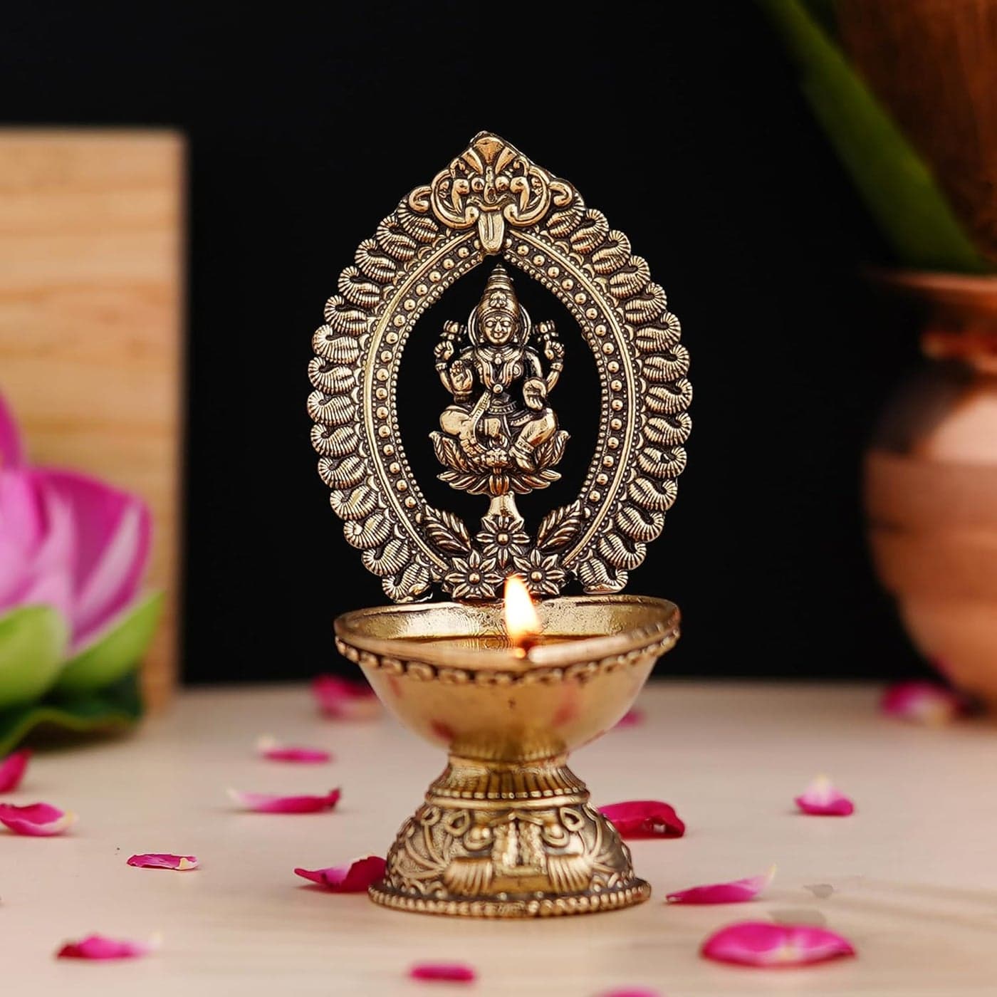 45 Inch Brass Laxmi Diya for Puja Room MATA Lakshmi Oil Wick Deepak Deepam for Temple Oil Lamp Akhand Jot Diya for Diwali Pooja Home Office Daily Puja