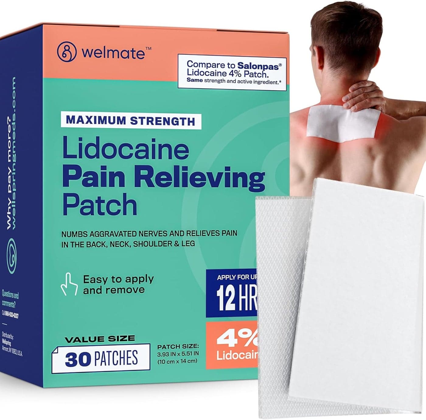 WELMATE 4 Lidocaine Numbing Patch Maximum Strength Temporary Relief of Pain Back Neck Shoulders Knees Elbows Minor Skin Irritations Topical Analgesic Unscented 30 ct