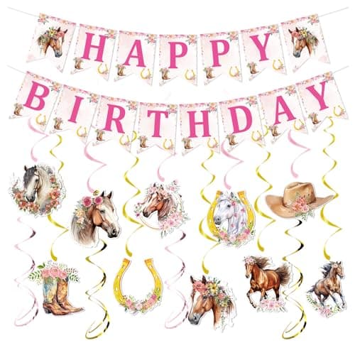 Rngmsi Horse Birthday Party Decorations Horse Happy Birthday Banners Hanging Swirls Party Decor for Girls Cowgirl Western Bday Decor Supplies Women