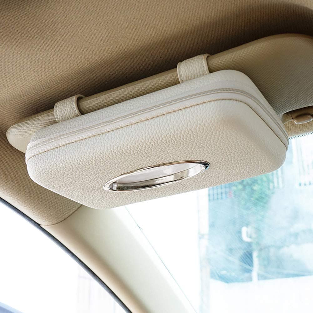 Cartisen Car Tissue Holder Sun Visor Tissue Holder Zipper Car Visor Napkin Holder PU Leather Backseat Tissue Case for CarVehicle Beige