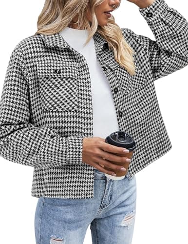Zeagoo Cropped Jacket Womens Flannel Plaid Button Down Shirt Black Houndstooth Fashion Winter Shacket Coat Tops