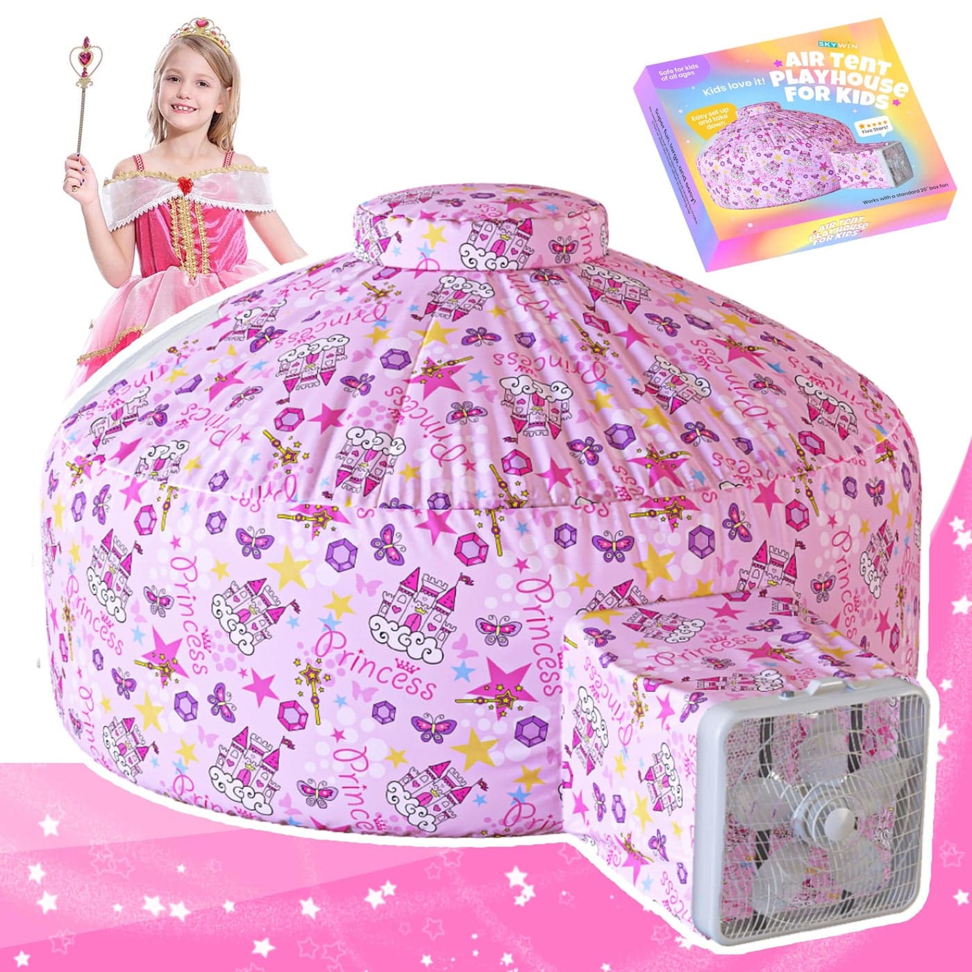 Skywin Air Tent Fort Playhouse for Kids (Princess) - Classic Inflatable Kids Fort Sets Up and Stores Away in Seconds, 77 x 50 Inches (Fan NOT Included)