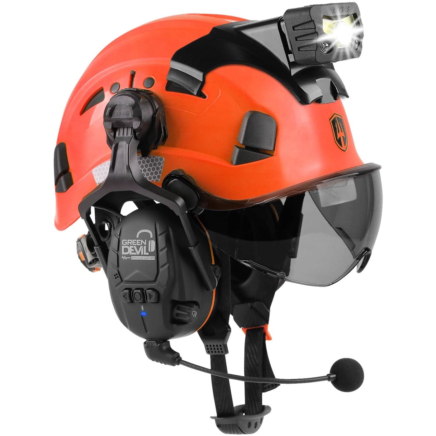 GREEN DEVIL Hard Hat Safety Helmet with Visor Bluetooth Ear Muffs and Headlamp 5 in 1 Full Protection Vented Work Hardhat ANSI Z891 Cascos De Construccion for Industrial Construction Forestry