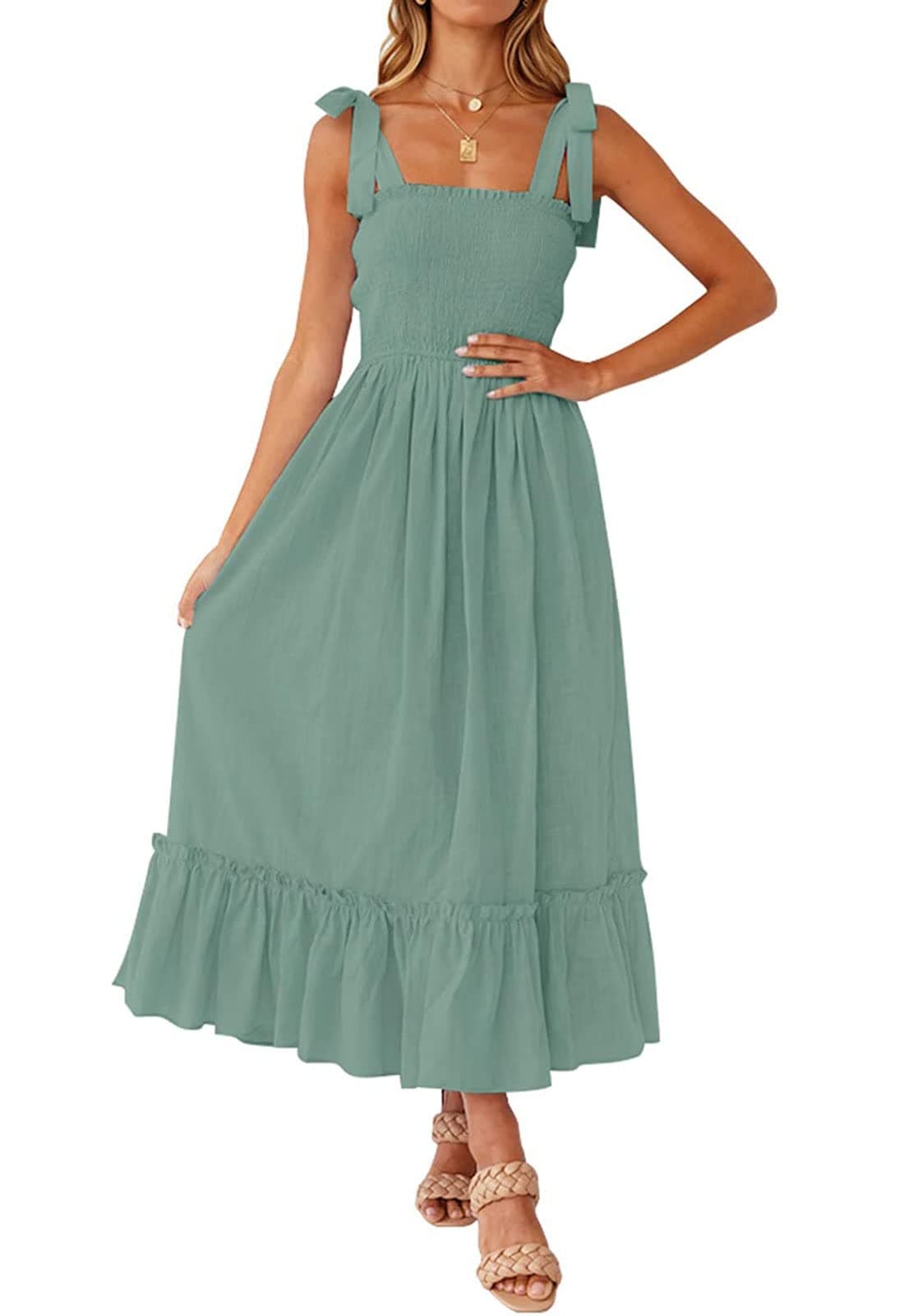 Tobrief Womens Dress Summer Spaghetti Strap Sundress Casual Smocked Backless Flowy Dresses Beach Boho Dress Green XL