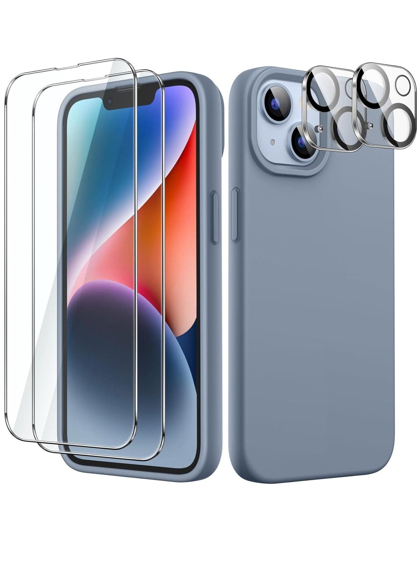 "5-in-1 iPhone 14 (6.1-Inch) Sierra Blue Silicone Case - With 2 Screen Protectors & 2 Camera Lens Protectors"