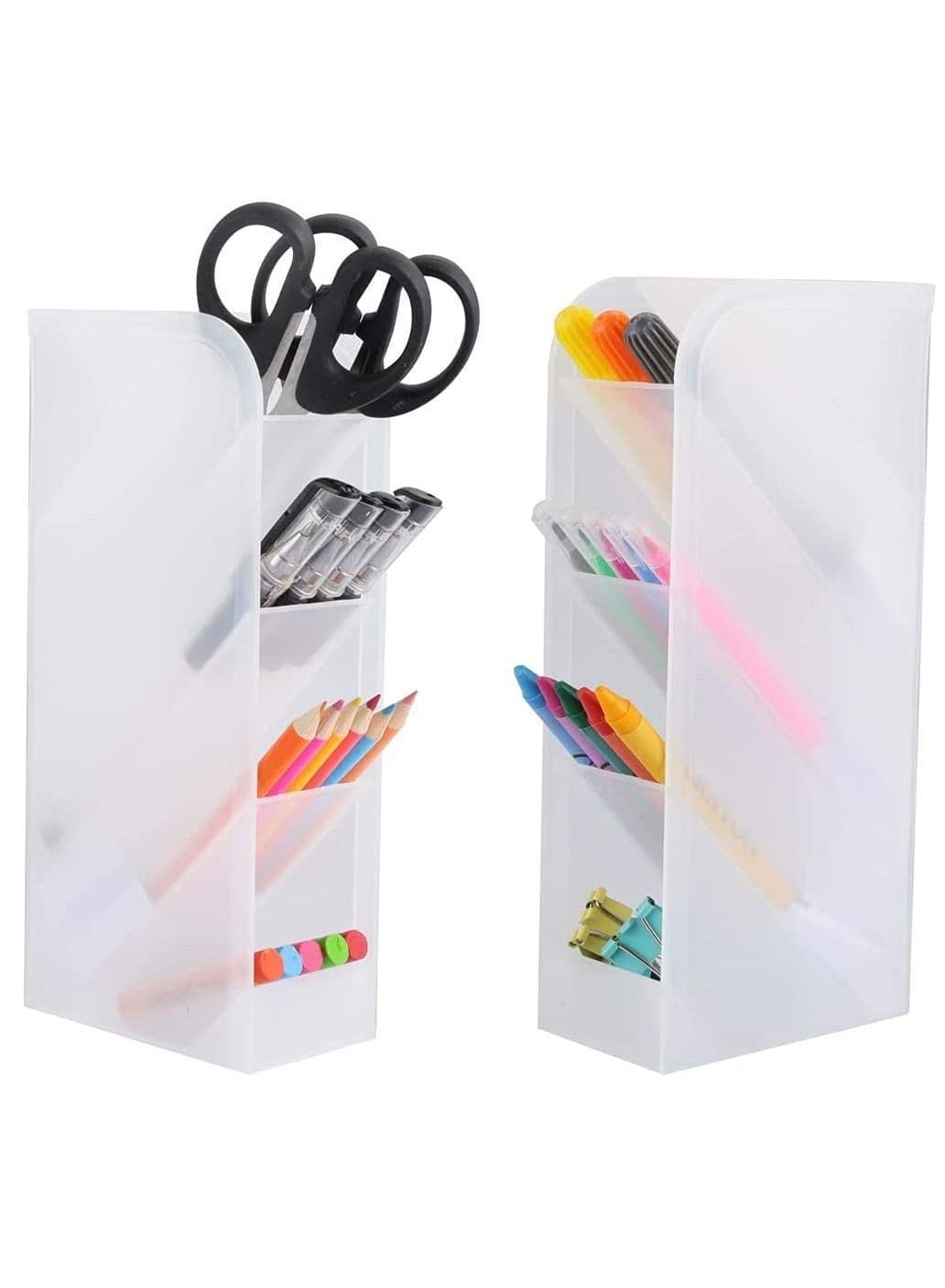 Transparent Pen Holder,Desk Holder Pencil Storage Organizer Rack, Oblique Plastic Multi-Functional Desktop Stationary for School Office Home Dormitory Art Supplies (White)