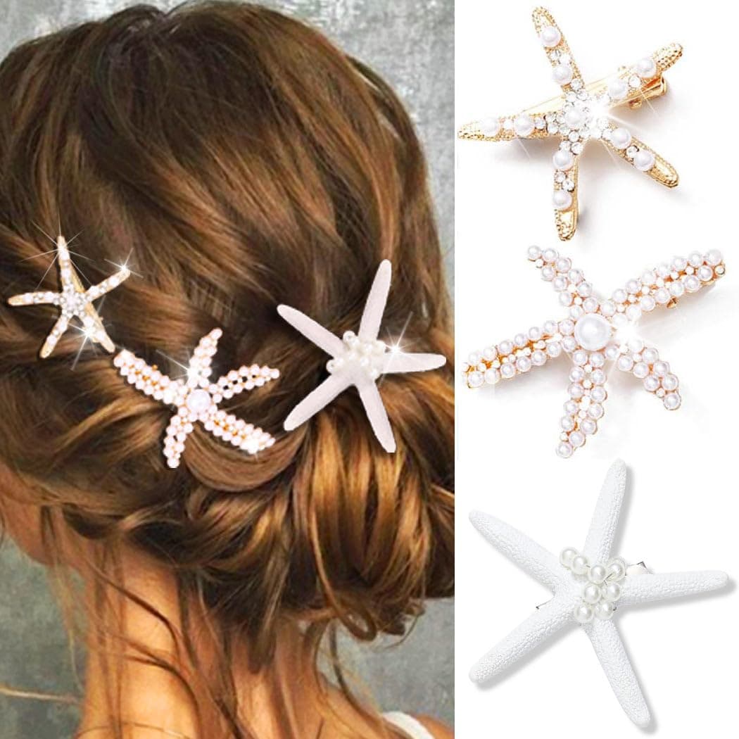 CAKURE Sea Star Hair Clips Starfish Pearl Hair Barrettes Mermaid Hair Accessories for Women and Girls Pack of 3